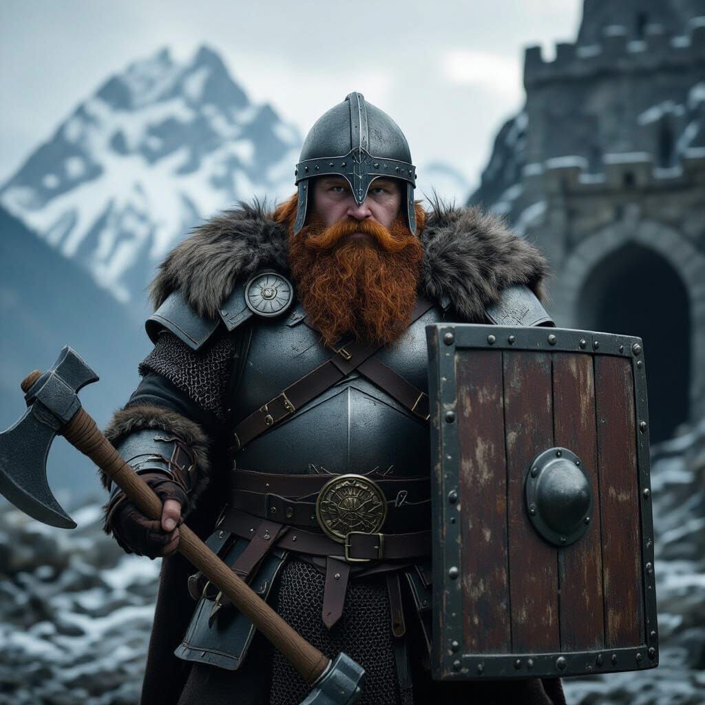 Dwarf Warrior with Axe and Shield in Mountain Fortress
