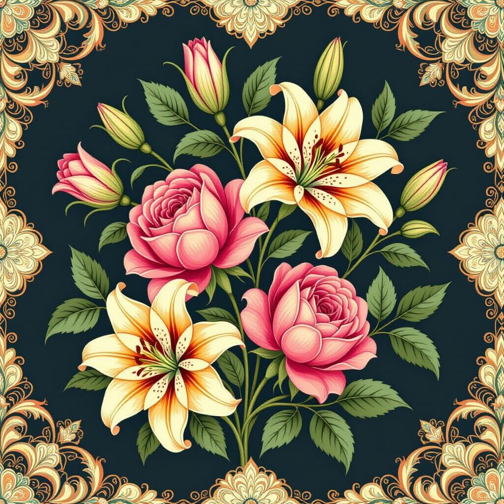 Elegant Floral Pattern Design with Roses and Lilies