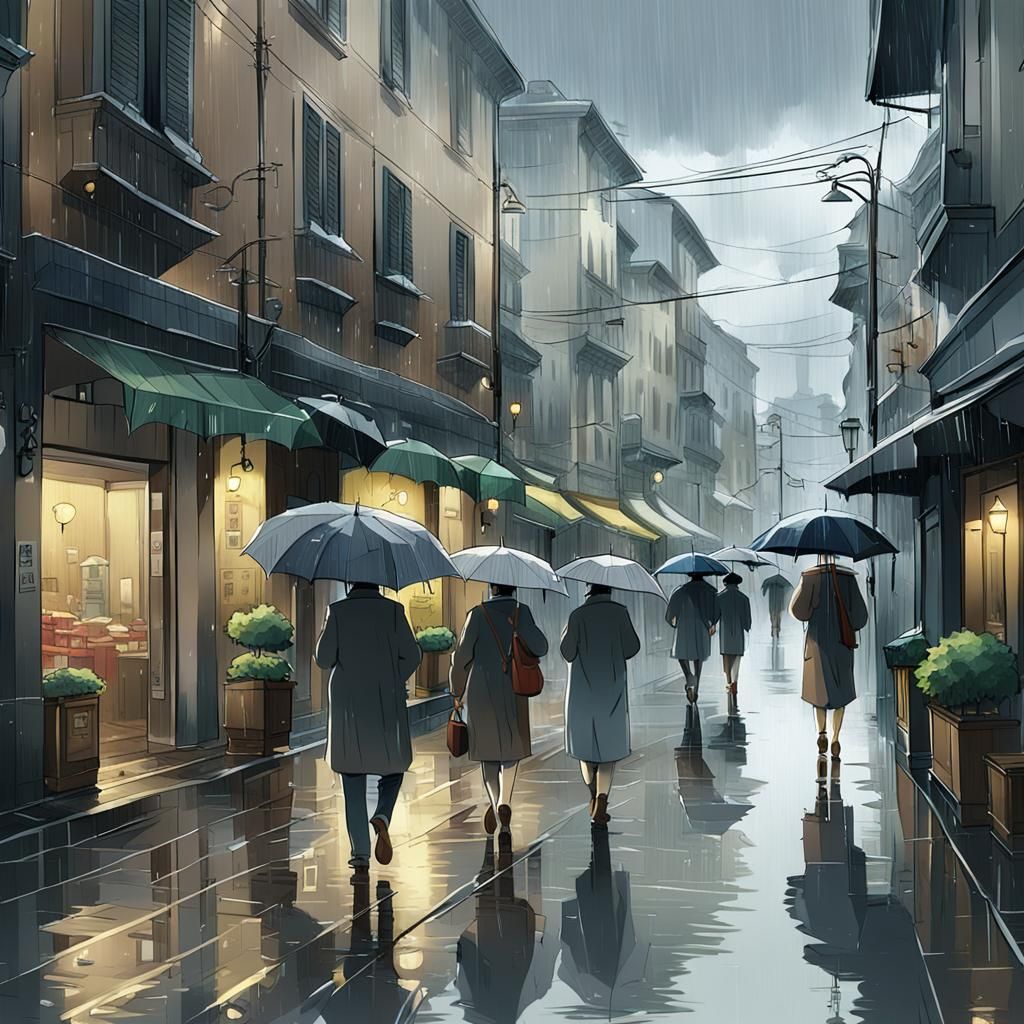 Rainy Italian City Street in Studio Ghibli Style
