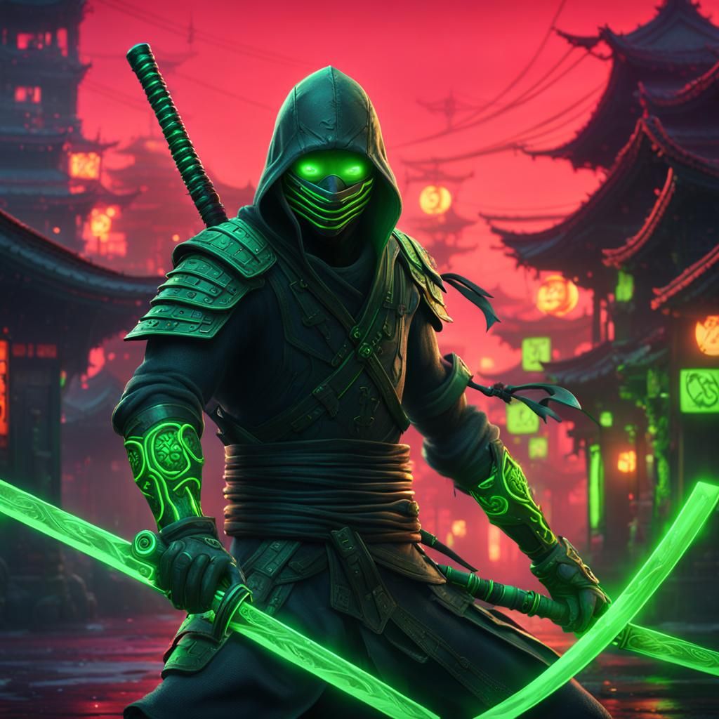 Neon Green Ninja with Katana: Detailed Matte Painting