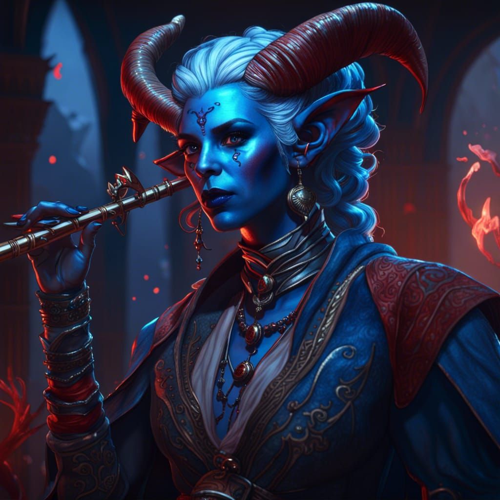 Blue Tiefling Bard Plays Flute in Fantasy Art