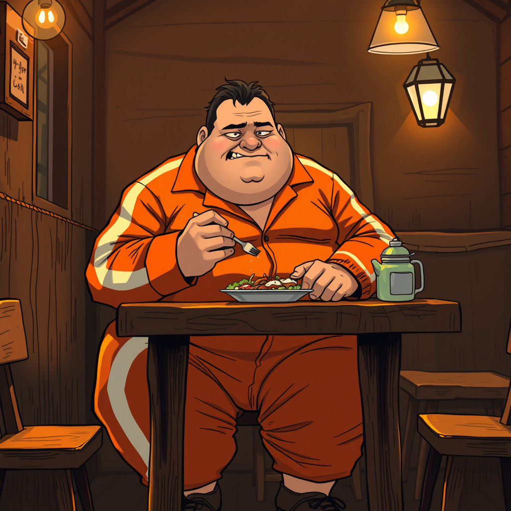 Rotund Man Devouring Meal in Studio Trigger Style