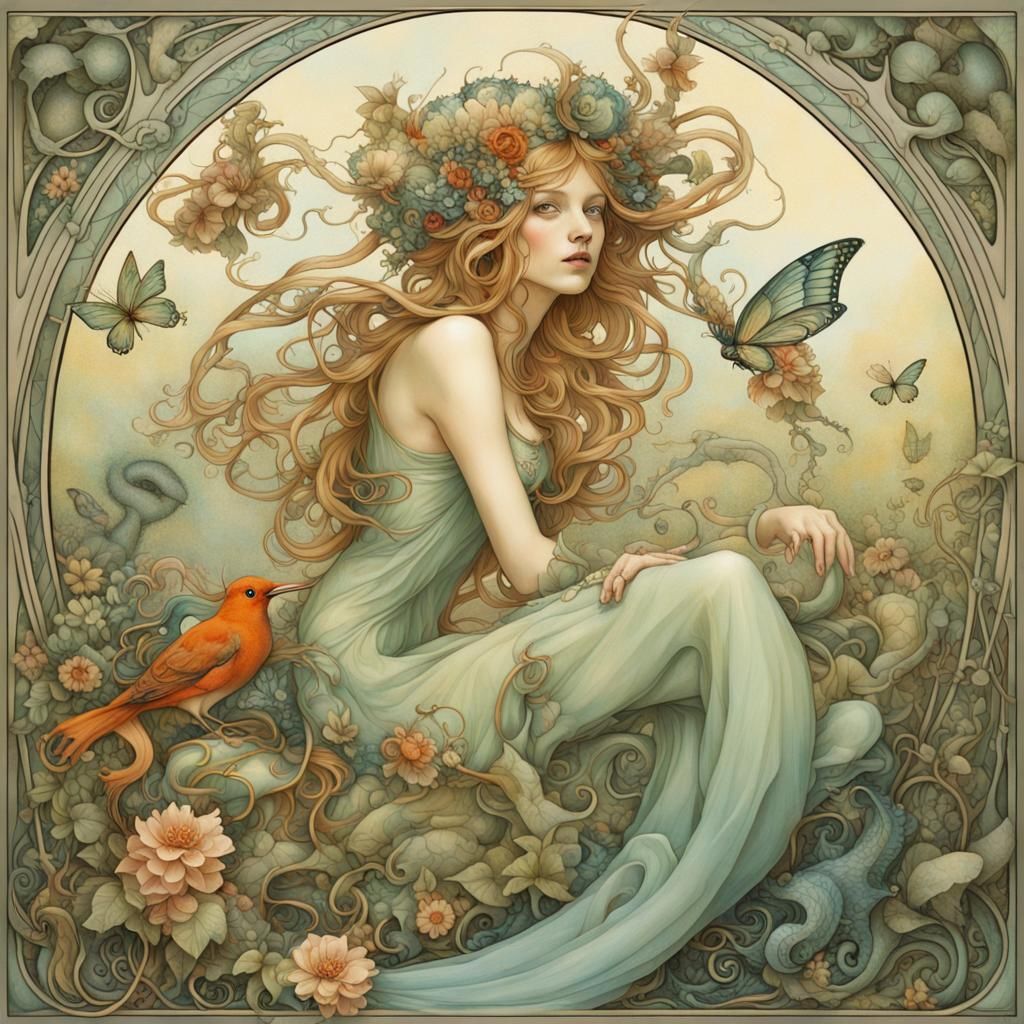 Fantastical Creature in Surreal Art Nouveau Style