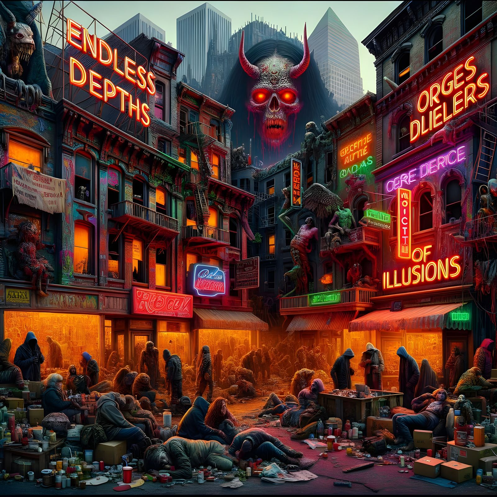 Apocalyptic Portland Cityscape with Neon Graffiti and Demons