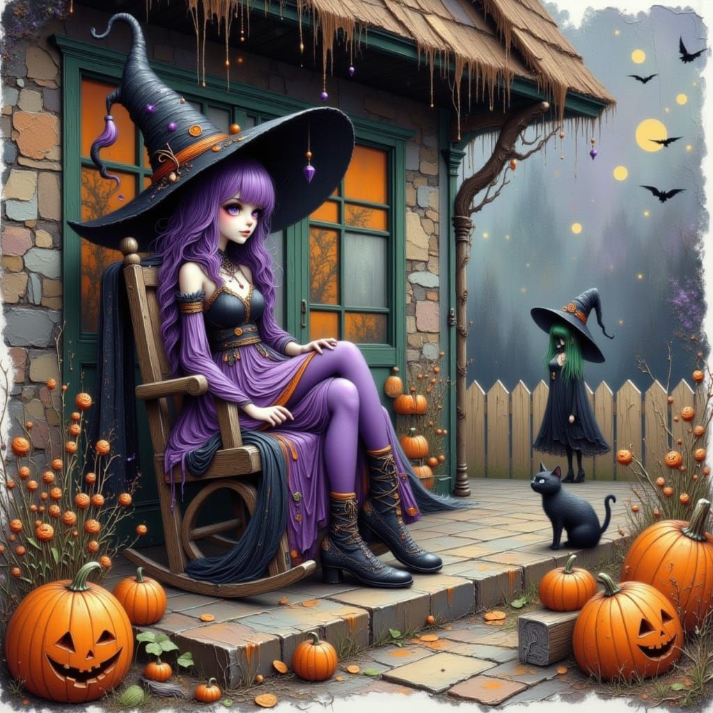 Anime Witch and Cat on Porch