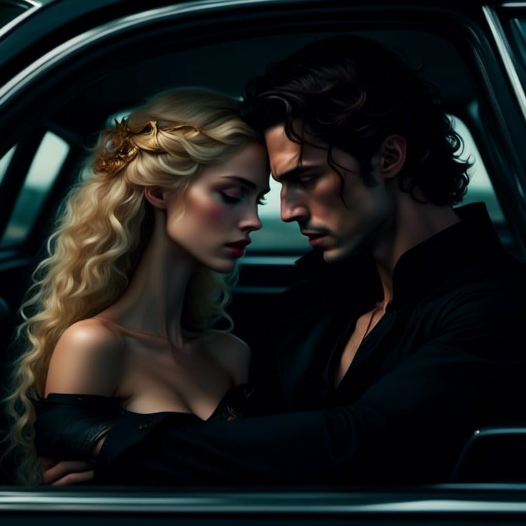 Hades and Persephone Embrace in Limo, Hyperrealistic Portrai...