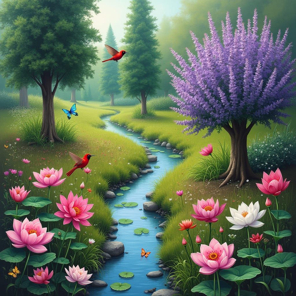 Whimsical Tulip Garden with Hummingbirds