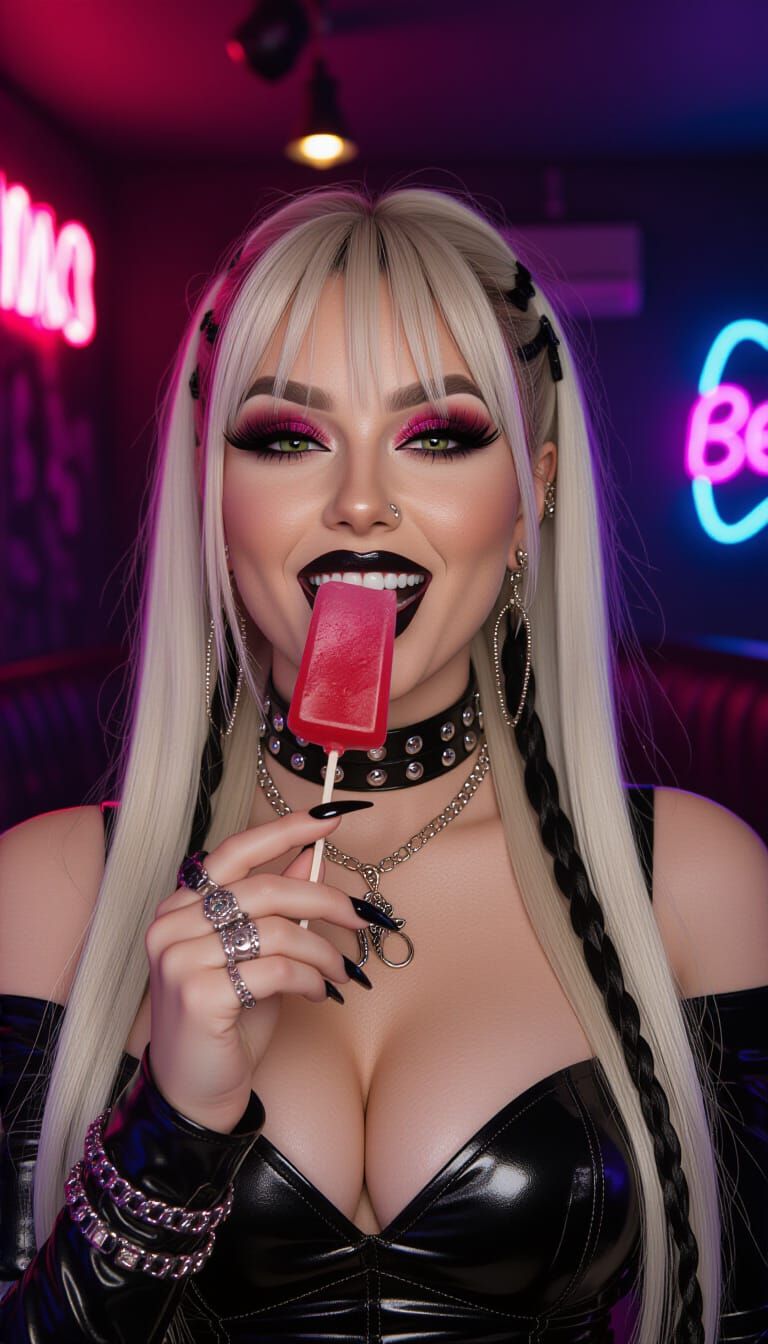 Glamorous Goth Woman Licking Ice Lolly in Neon Club