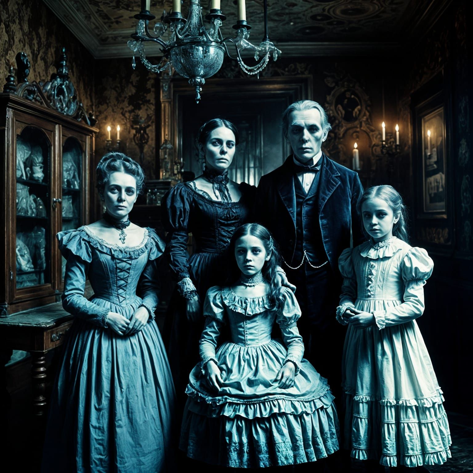 Eerie Victorian Ghost Family Portrait in Haunted Parlor