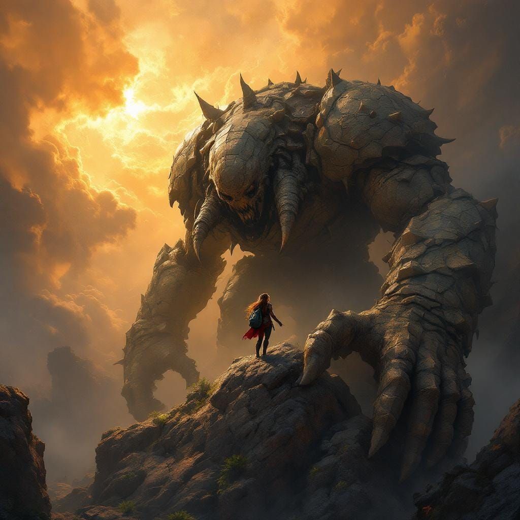 Adventurer on Golem Shoulder in Photorealistic Style