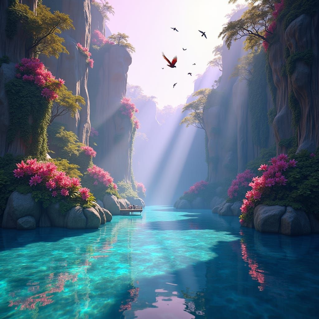 Tropical Lagoon with Cliffs and Exotic Flowers