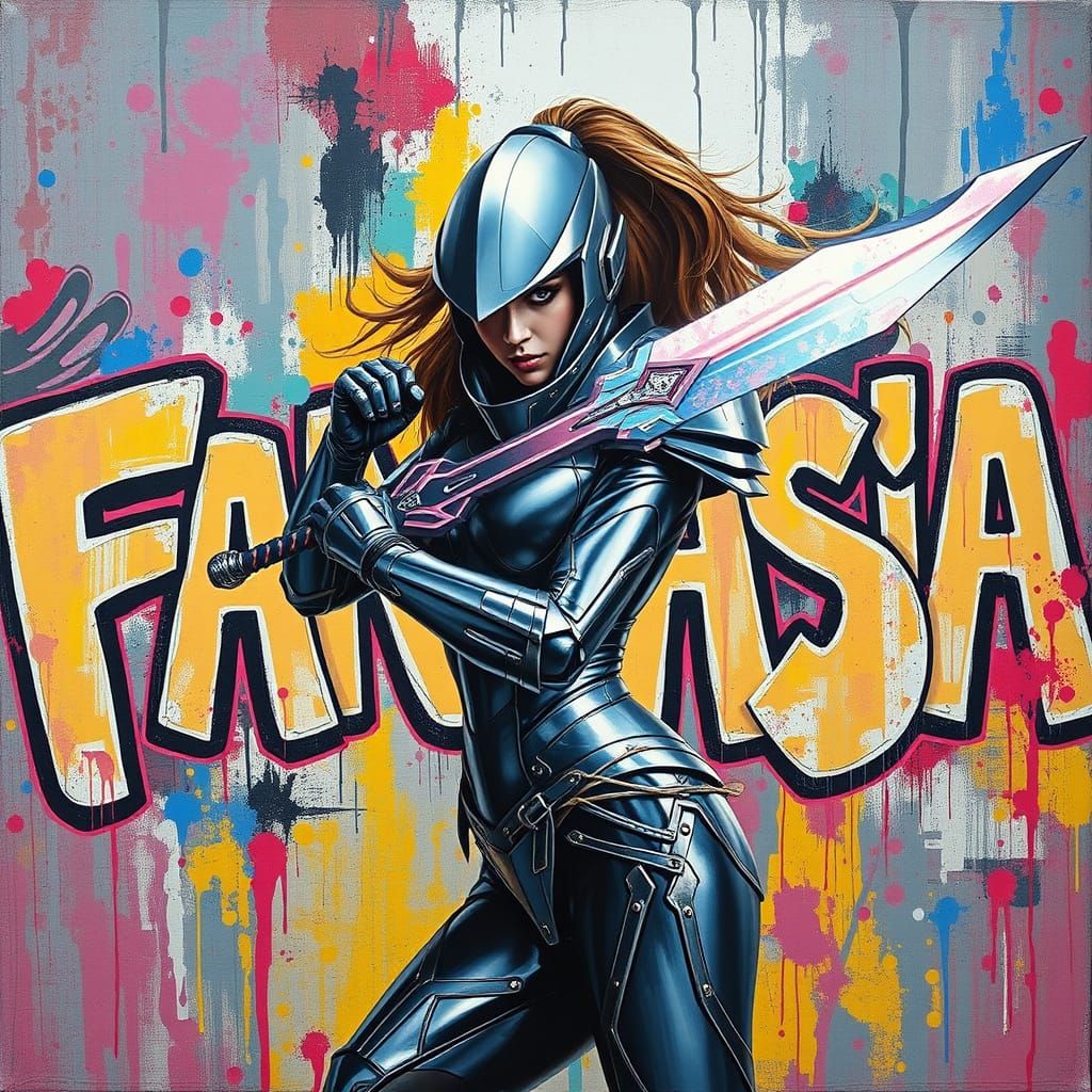 Futuristic Woman Warrior with Graffiti Background
