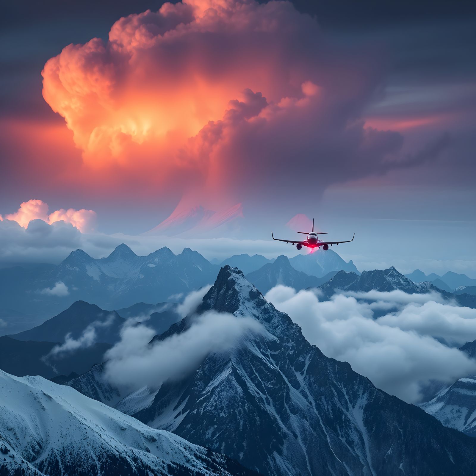 Plane Over Mountain Range with Ominous Clouds