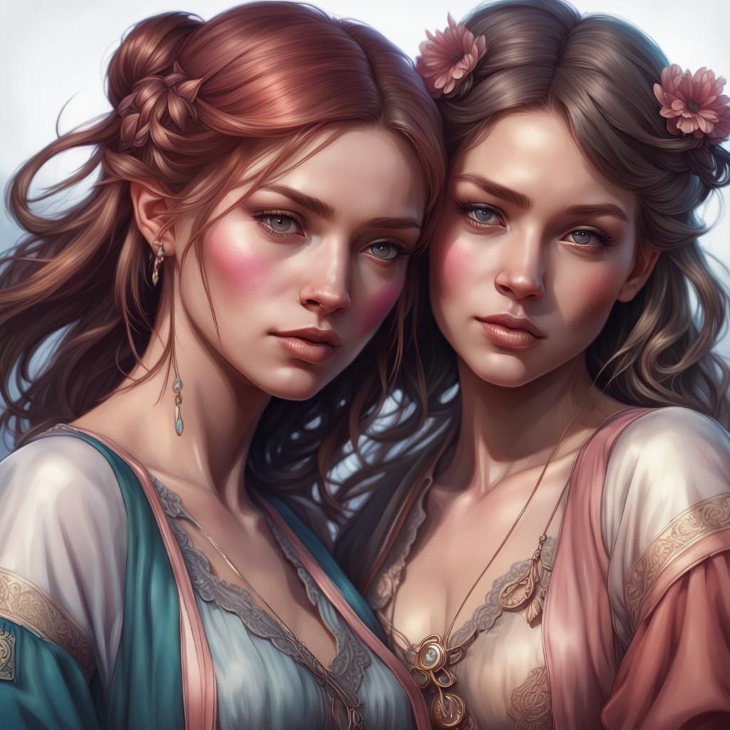 Two Girl Friends Portrait in Hyperdetailed Style