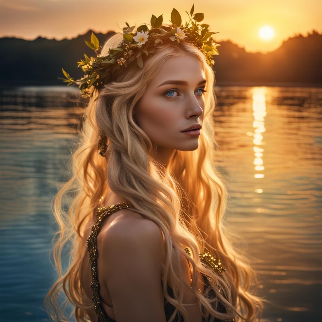Curvy Blonde Woman with Golden Laurel Wreath
