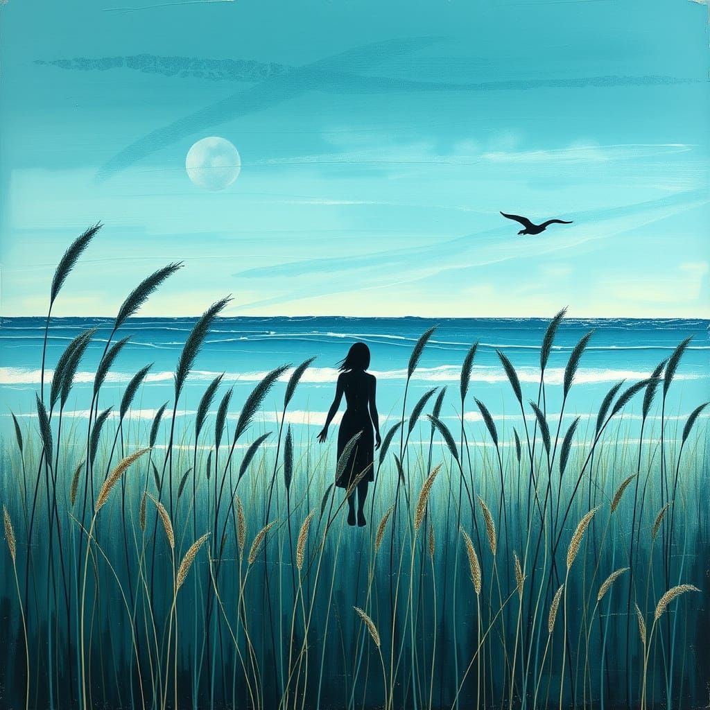 Abstract Turquoise Painting of Whispering Grass