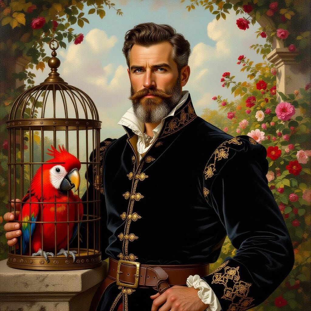 Noble Man with Red Creature in Classic Oil Portrait