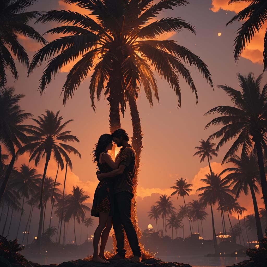 Passionate Lovers as Palm Tree in Dark Fantasy Art