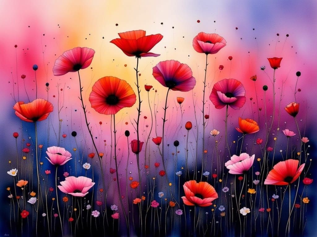 Surreal Poppy Blooms in Dreamlike Watercolor