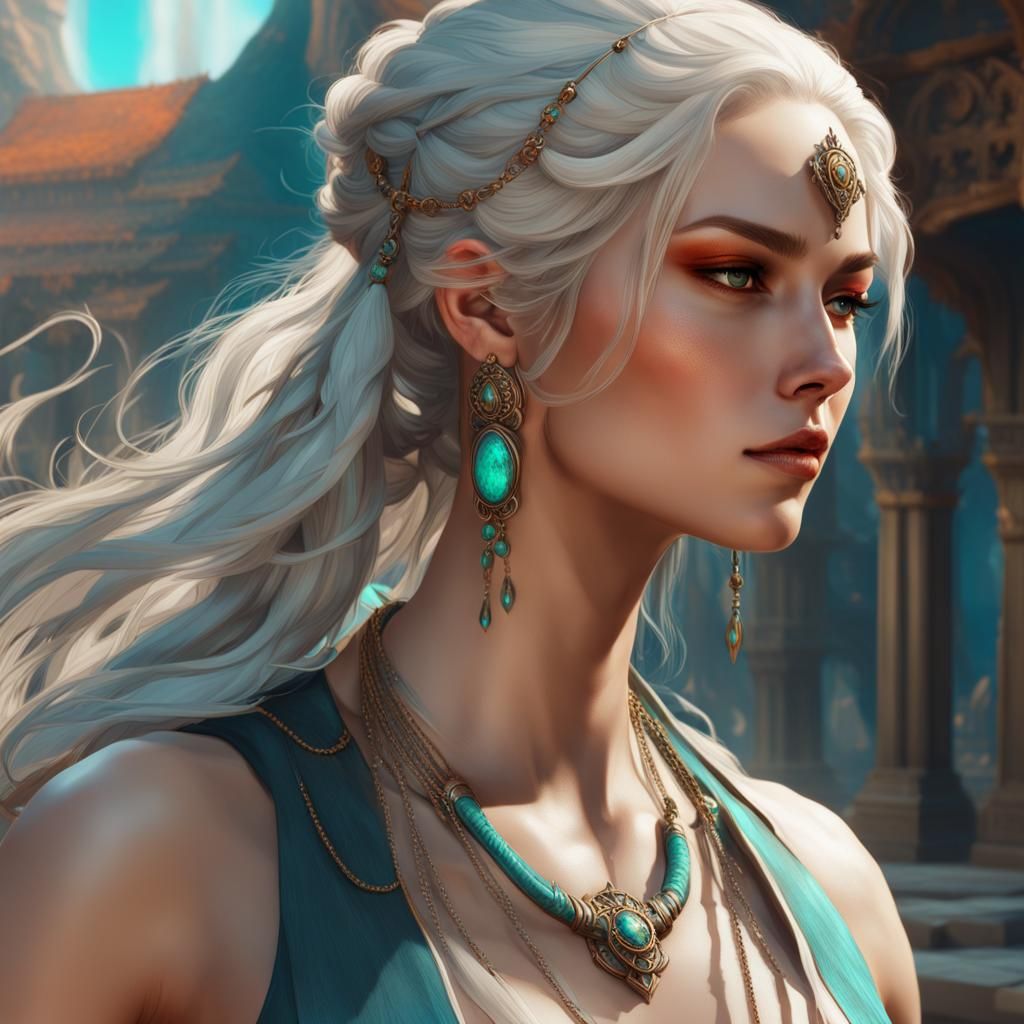Serene Woman Warrior Concept Art in Orange and Teal