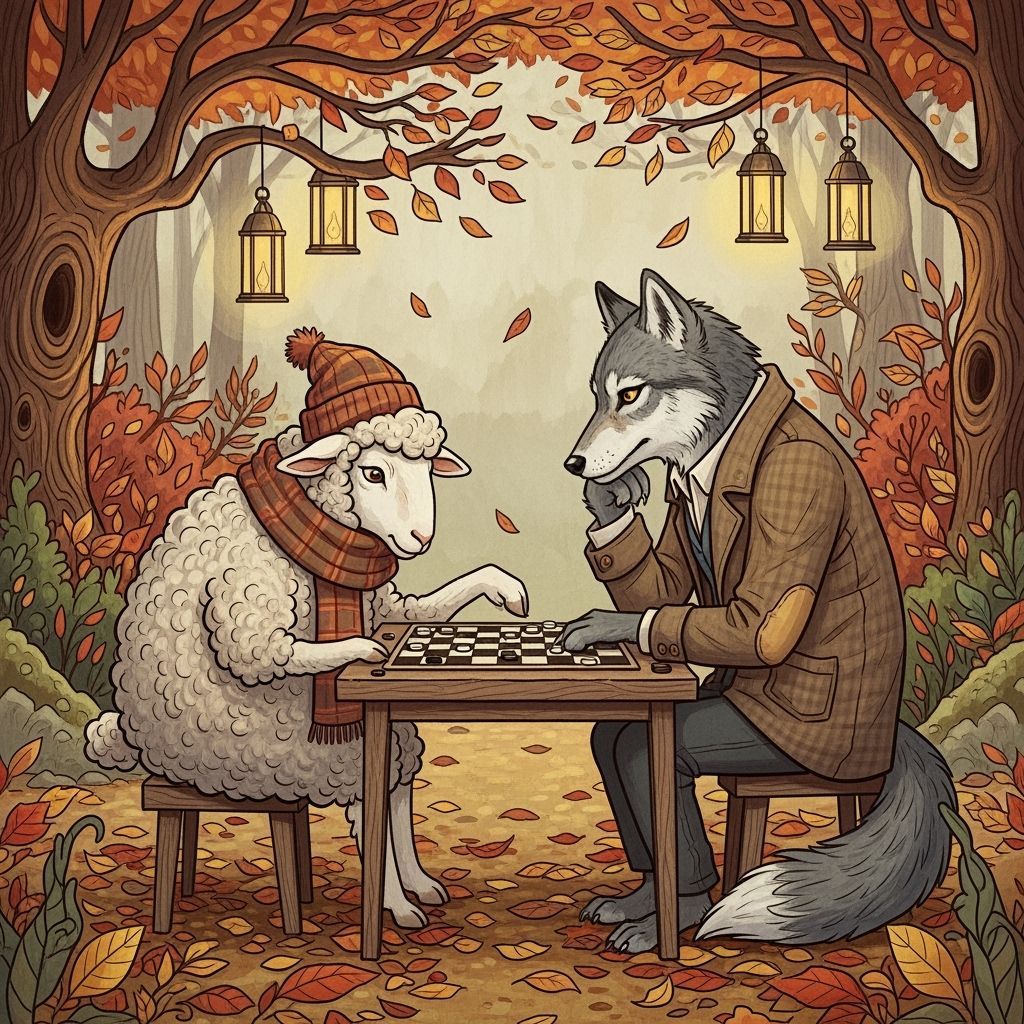 Sheep and Wolf Play Checkers in Autumn Park