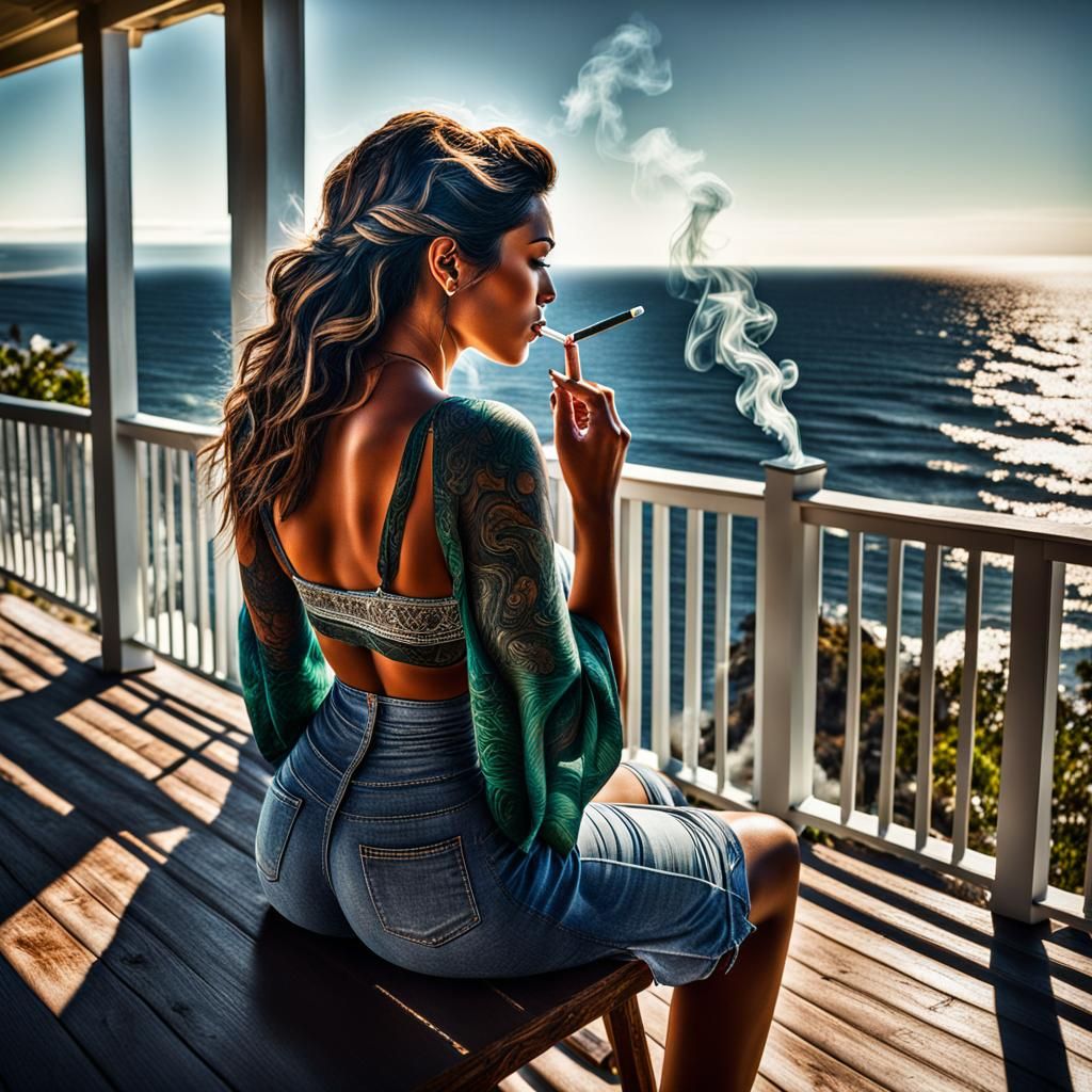 Young Woman Smoking, Ocean View, Hyperrealistic Image