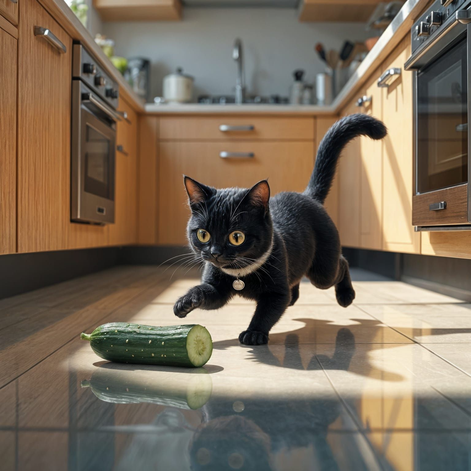 Scared Black Cat Flees Cucumber in Modern Kitchen