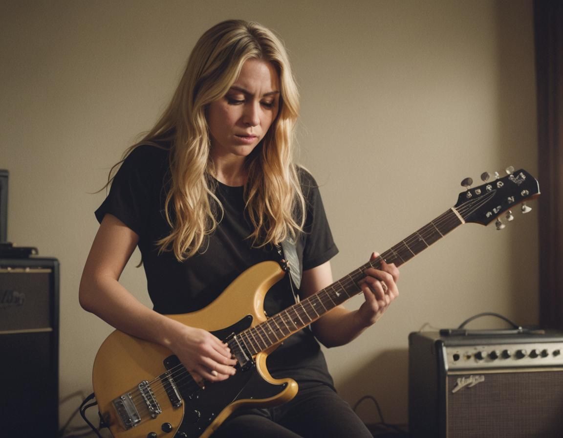 Blonde Woman Plays Guitar in Moody Film Still