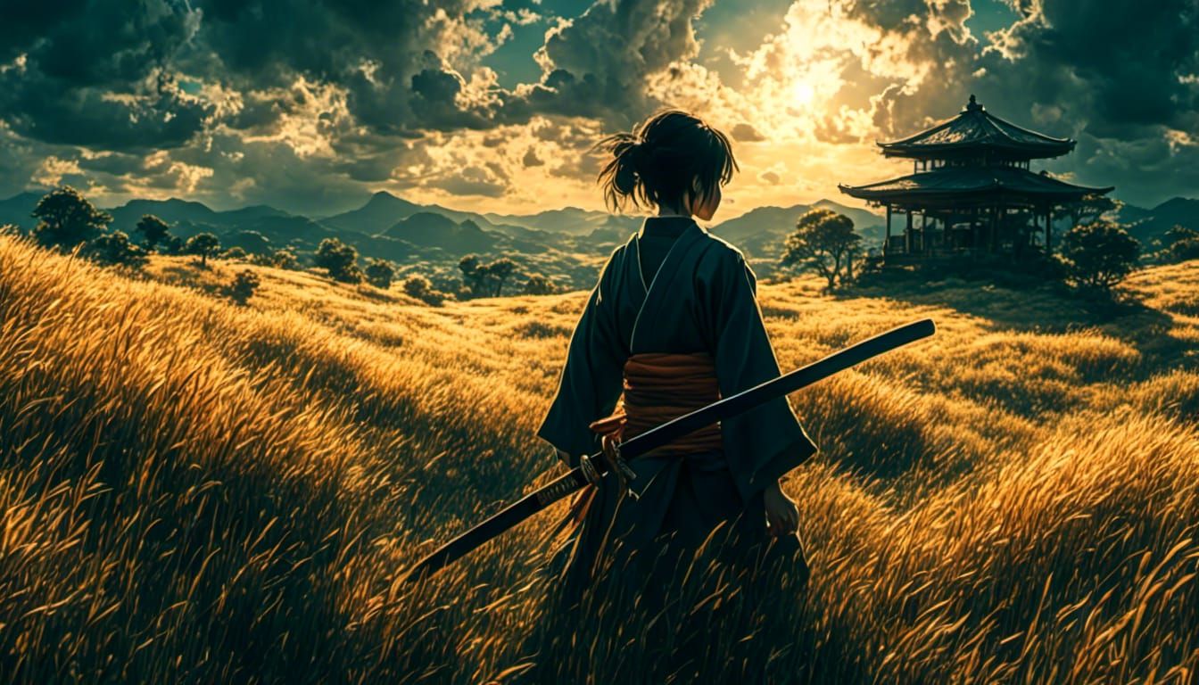Samurai Katana Sunset: Anime-Inspired Cel-Shaded Scene