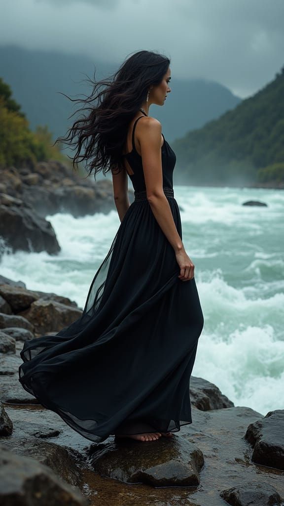Dramatic Woman on a Stormy Riverbank