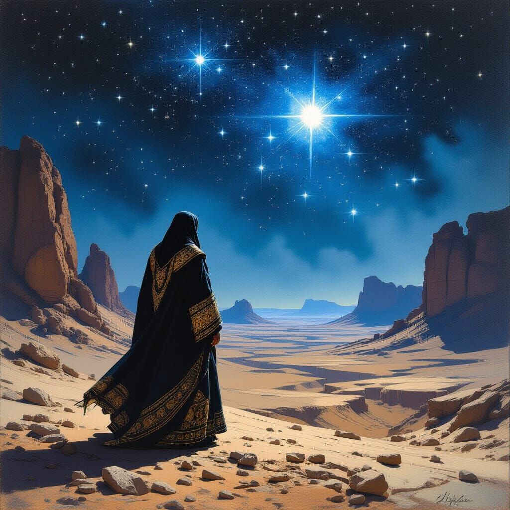 Persian Man Gazes at Alien Night Sky in Oil Painting Style