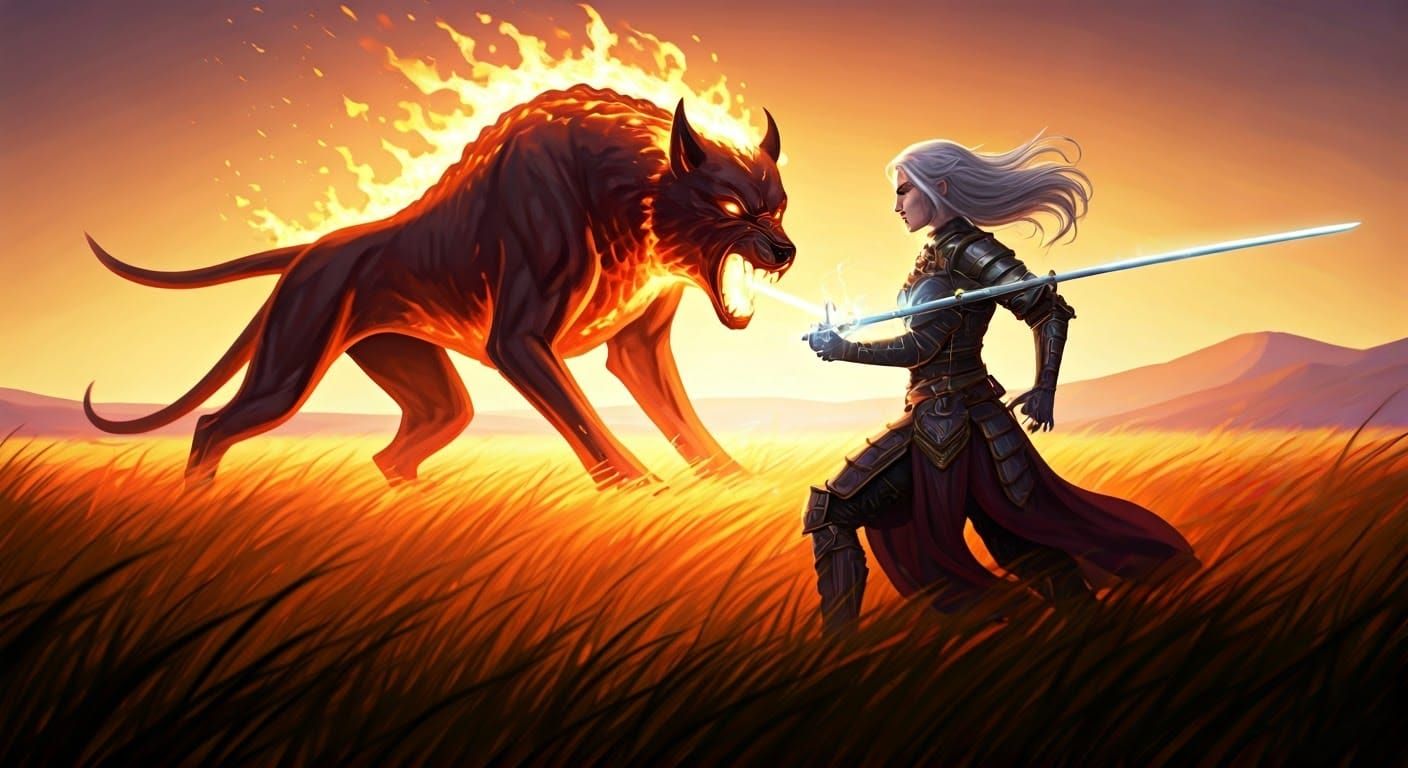 Ethereal Paladin Battles Fiery Hell Hound in Vibrant Digital...