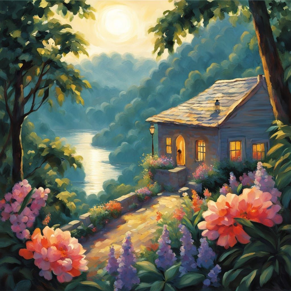 Impressionist Hut Overlooking Jungle in Pastel Colors