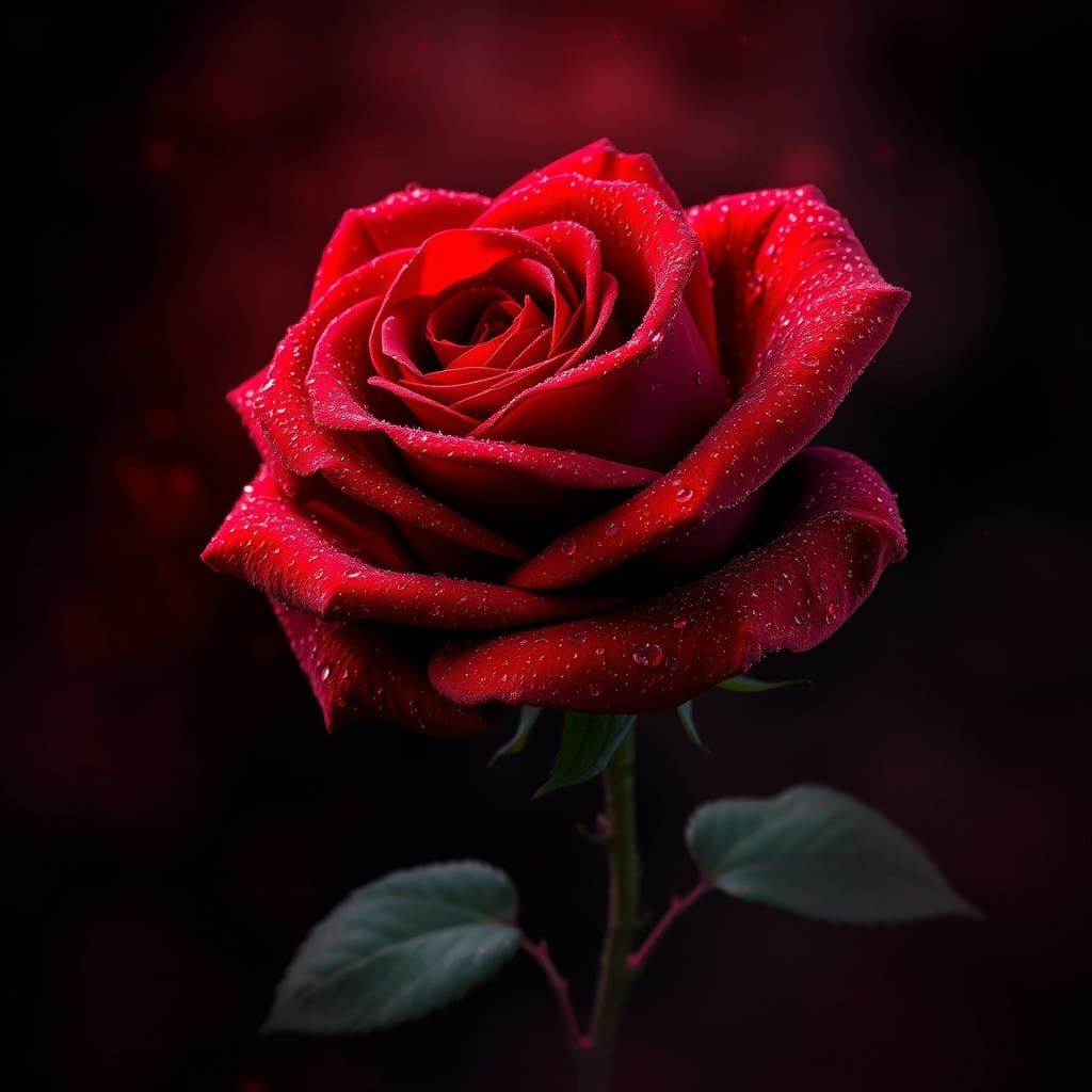 Surreal Rose Blooms Amidst Glittering Red Haze in a Fantasti...