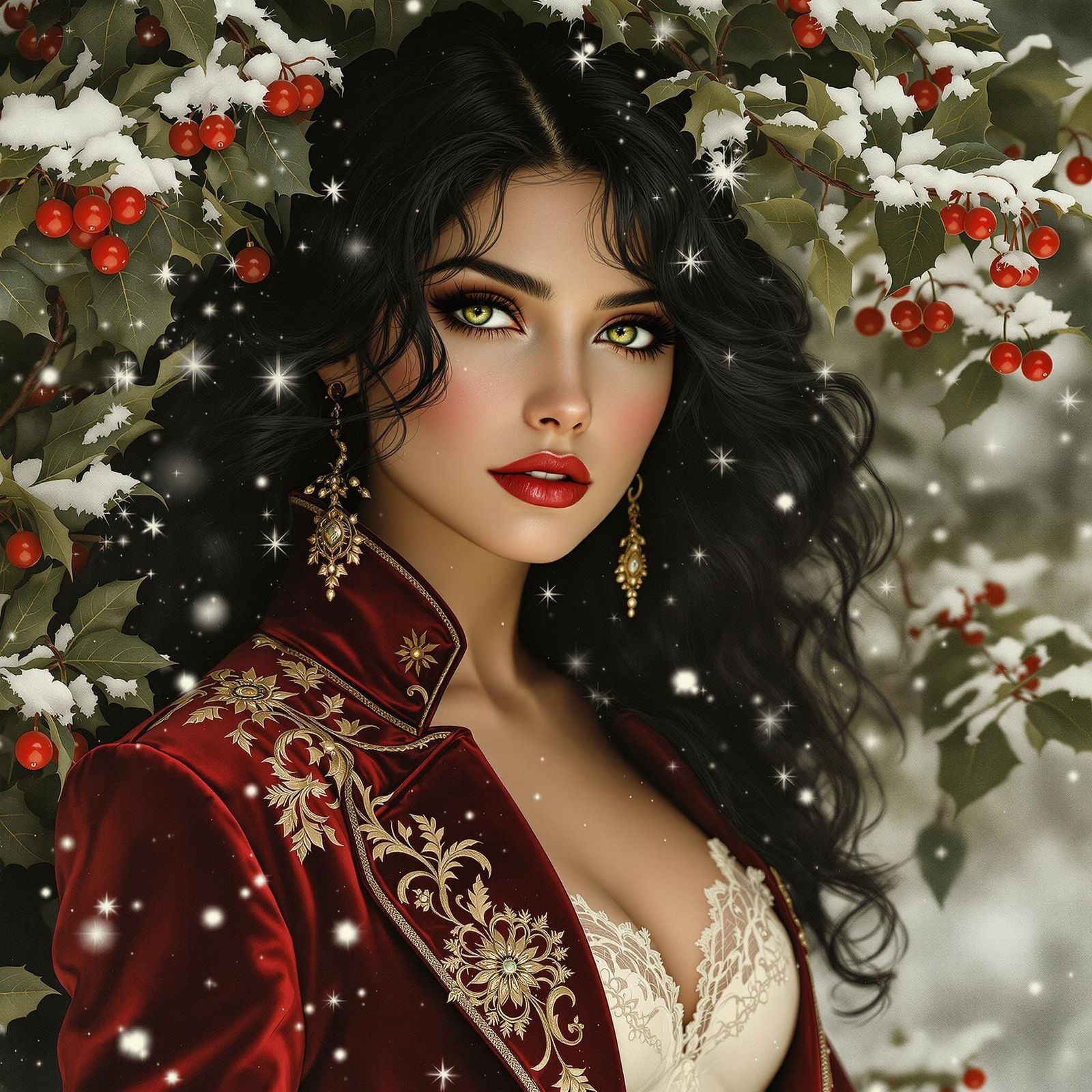 Elegant Lady Dressed for Christmas in Velvet and Lace