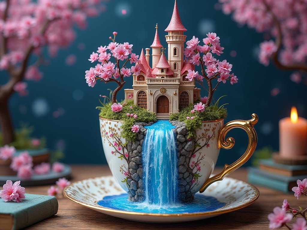 Microscopic Castle Teacup in Enchanted Library