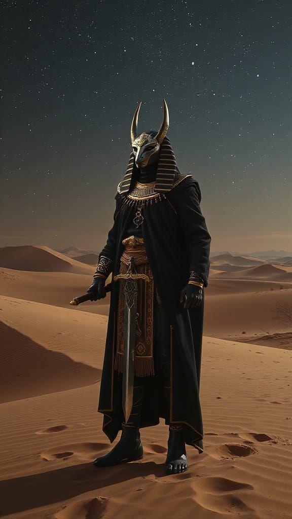 Dark Fantasy Anubis in Black and Gold Robes, with Elegant Sw...