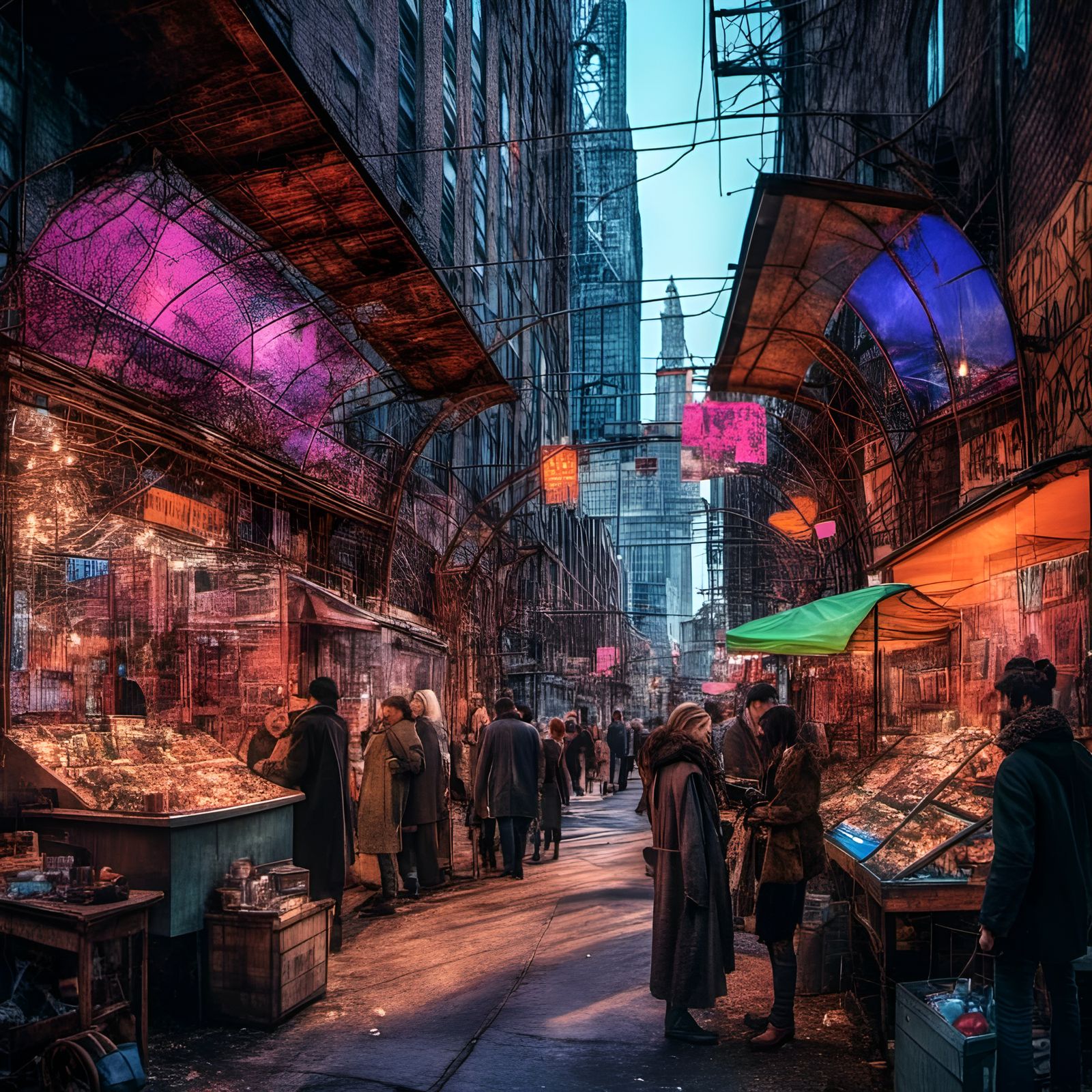 Cyberpunk Bazaar Teeming with Life in Mixed Media