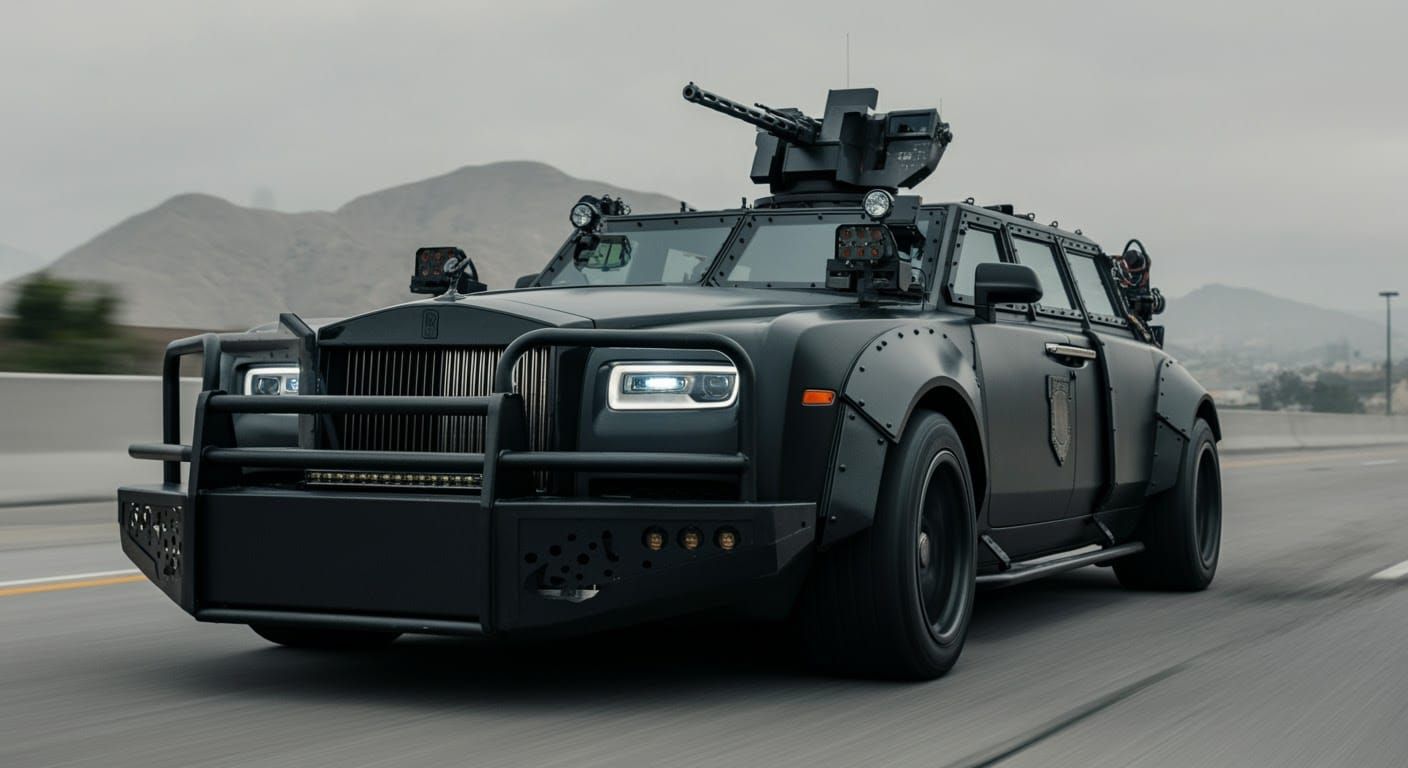 Cyberpunk Rolls Royce Armored Police Car on Highway