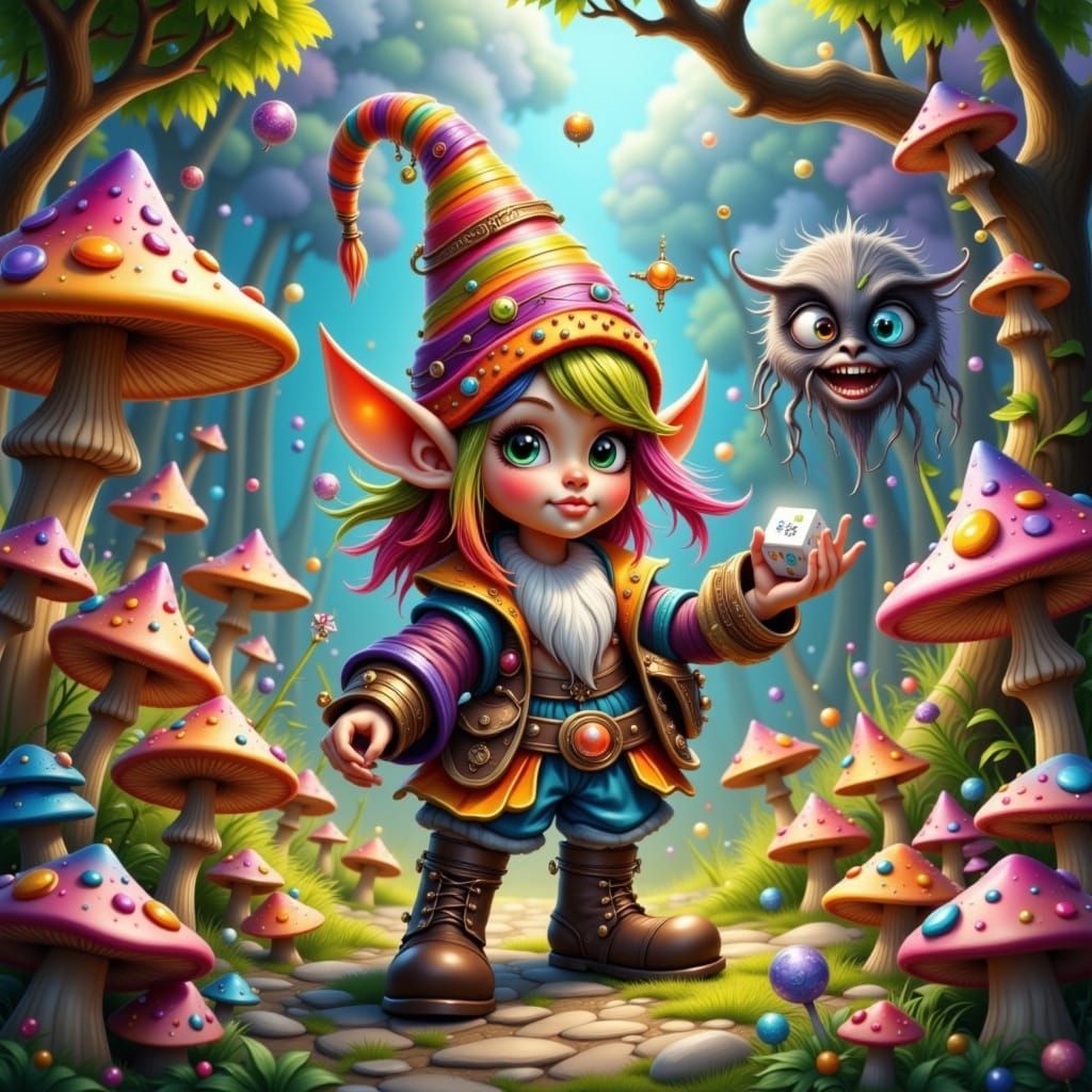 Gnome Gambles with Dice in Whimsical Mushroom Forest