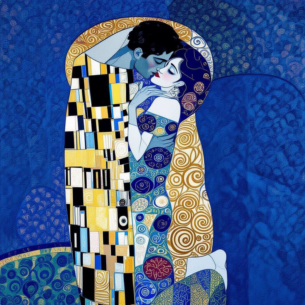 Monochromatic Lovers Embrace in Art Nouveau Style