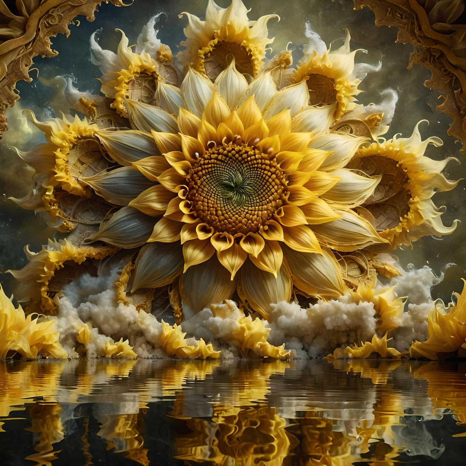 Surreal Fibonacci Sunflower Mandala in Tempera Texture