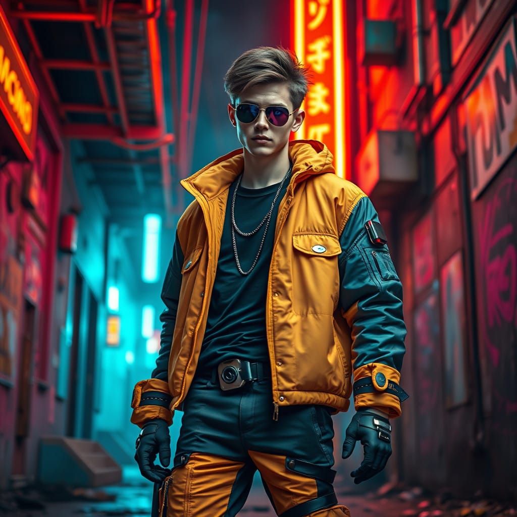 Confident Cyberpunk Hero Stands Tall in Neon City