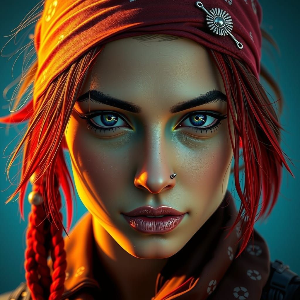 Sultry Pirate Maiden with Iridescent Eyes and Fiery Red Lock...