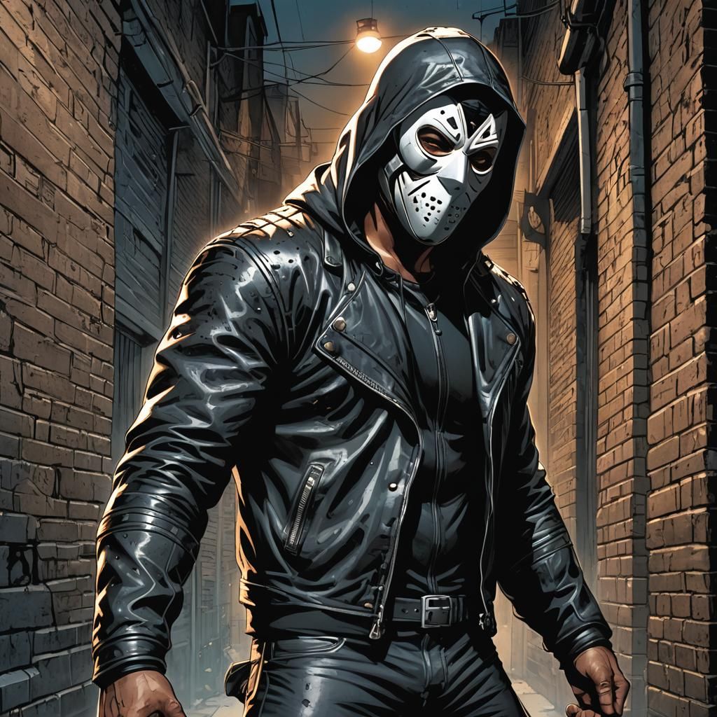 Gritty Comic Art of Masked Wrestler in Alley
