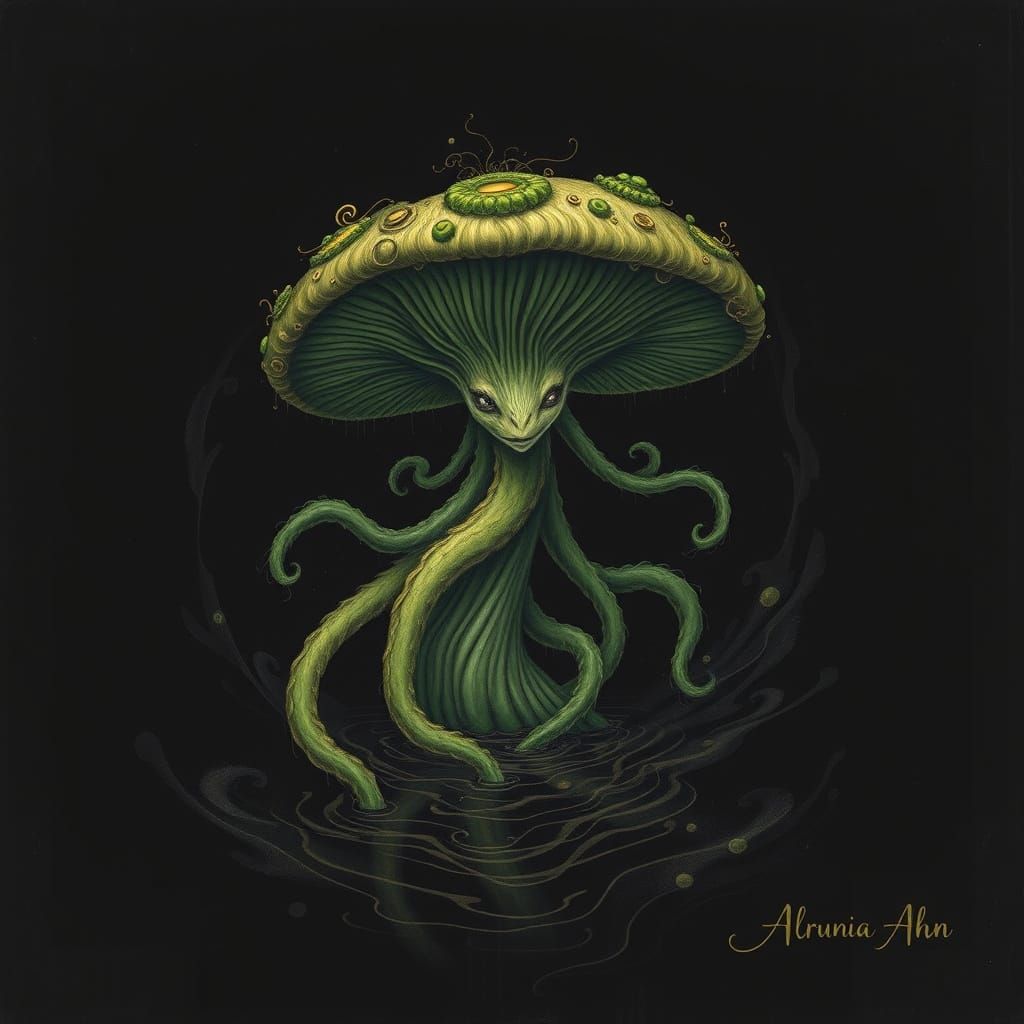 Whimsical Mushroom Creature in Mystical Landscape