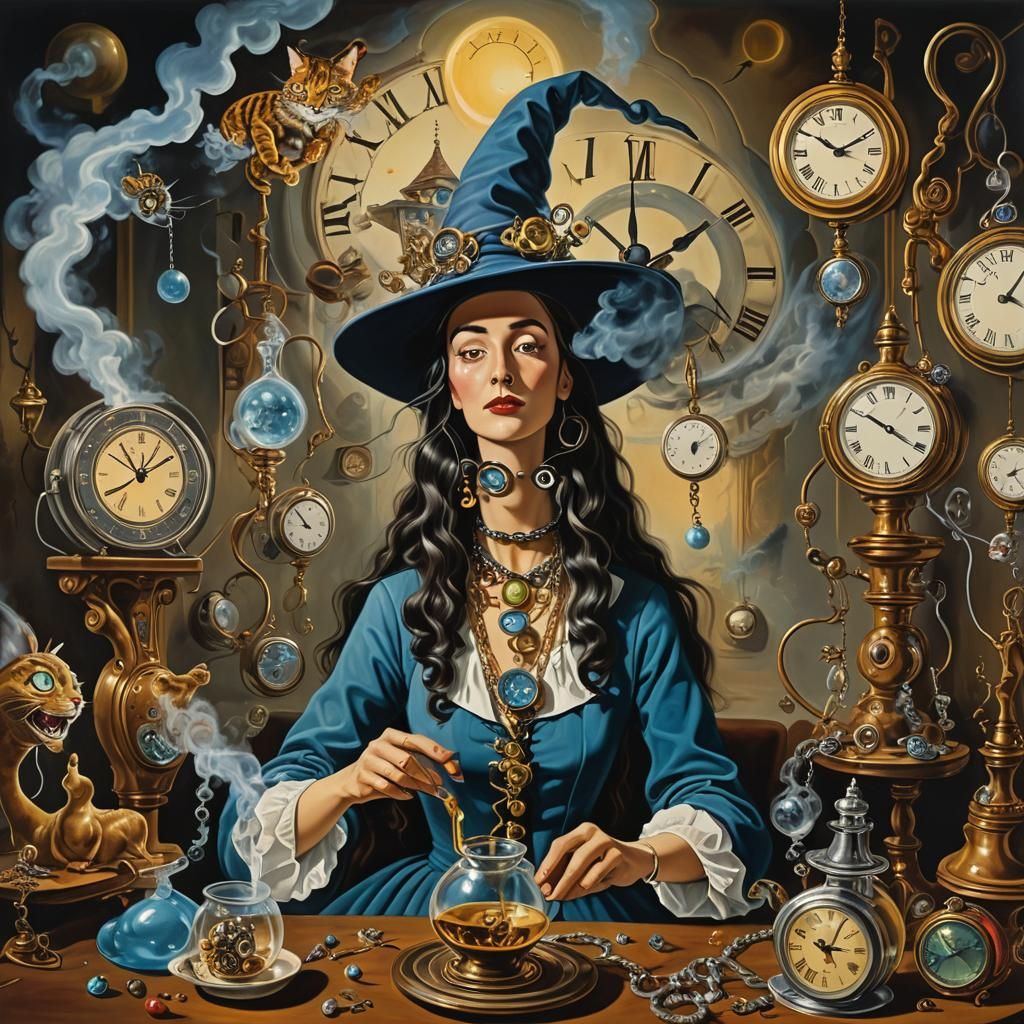 Surreal Wizard with Melting Clocks, Dreamlike Art