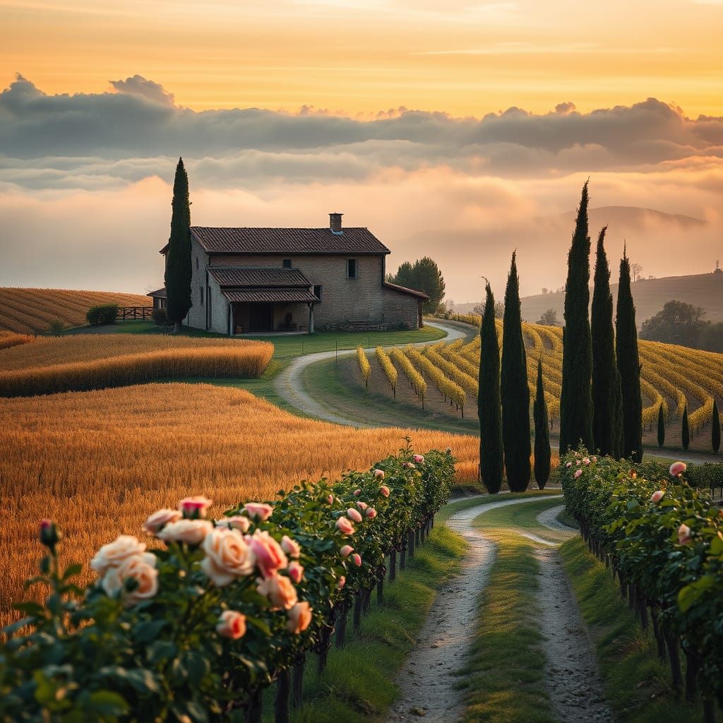 Tuscan Valley Vineyard at Sunset
