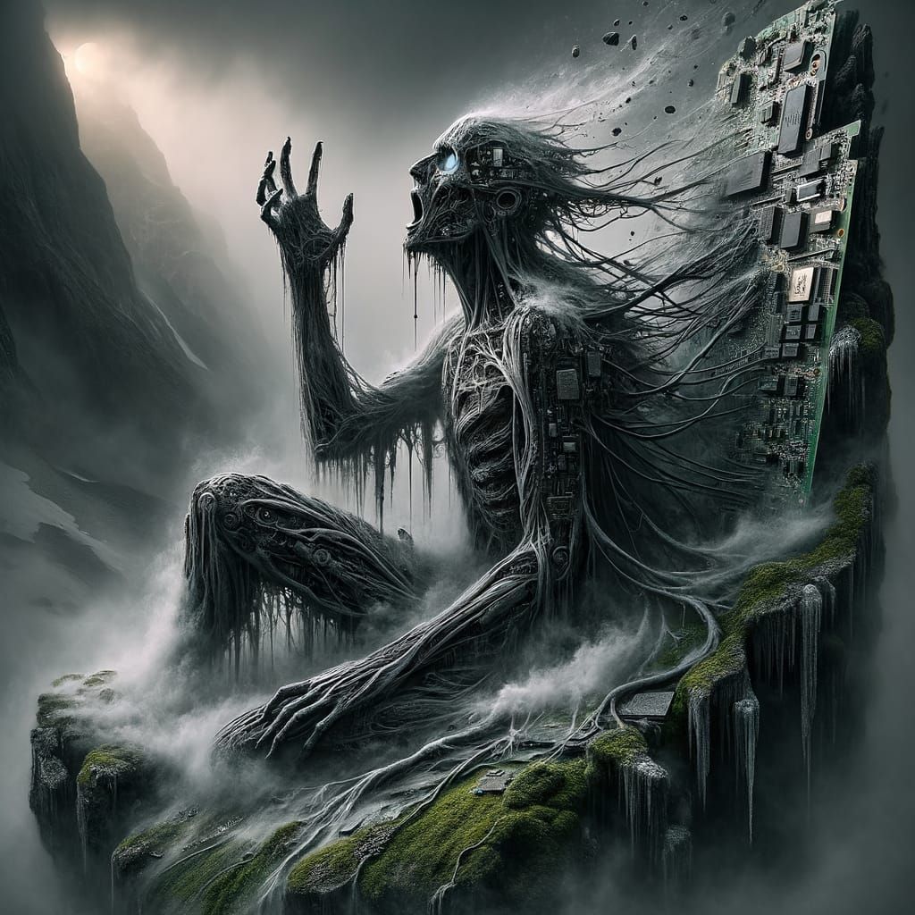 Towering Figure Merging Time, Fear, and Technology