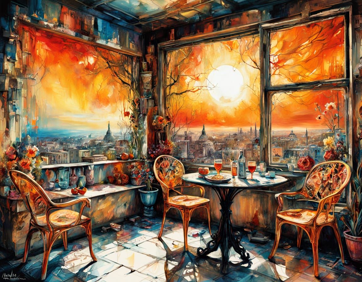 Sunset Dining Scene as Impasto Oil Painting